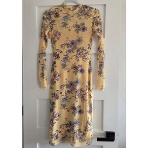 AFRM Los Angeles Yellow Floral Mesh Long Sleeve Midi Dress XS